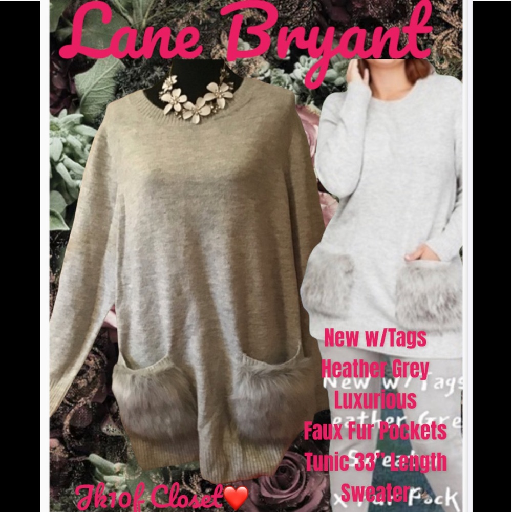 LOWEST🌺 NWT Lane Bryant 14/16 or 22/24 FUR TRIM POCKETS 32” Length TUNIC SWEATER